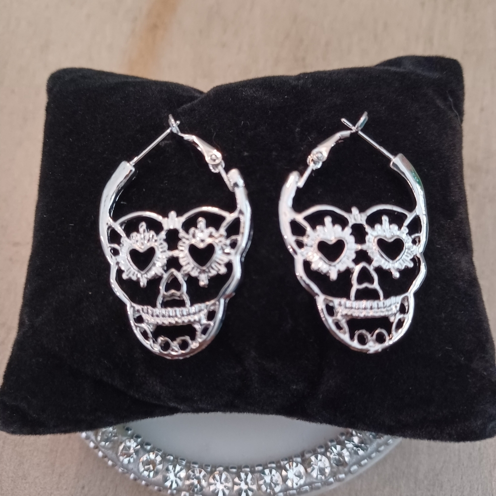 Silver Sugar Skull Hugger Dangle Drop Earrings